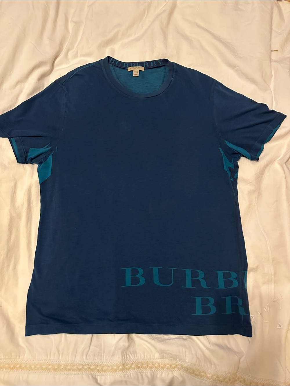 Burberry Navy Blue Crewneck Short Sleeve Tee with Teal Accent
